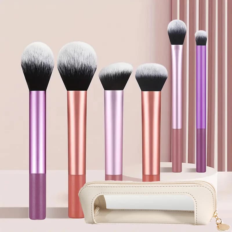 7-piece soft hair full-face makeup tool set, 6 gradient pink-purple makeup brushes, with transparent storage bag