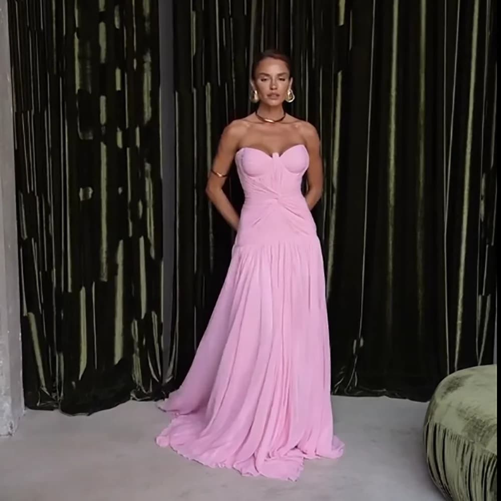 Msikoods Abiti da sera rosa Abito da ballo senza spalline con volant Abito lungo da damigella d'onore in morbido chiffon Abito da festa da donna personalizzato
