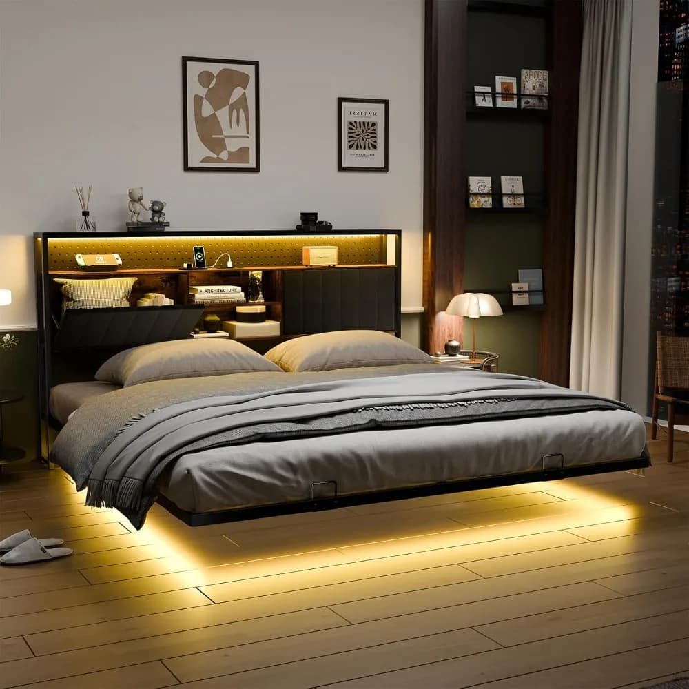 Letto matrimoniale galleggiante con luci LED e stazione di ricarica, comoda testiera imbottita in velluto con vano contenitore, senza rete a doghe