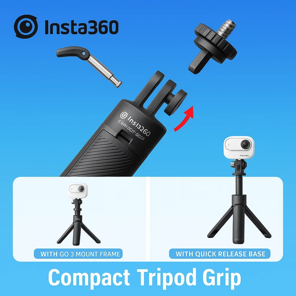 For Compact Tripod Grip for Insta360 GO 3 / X5 / Ace Pro 2 | Foldable Extendable Stick with 1/4" Adapter | Mount Accessory