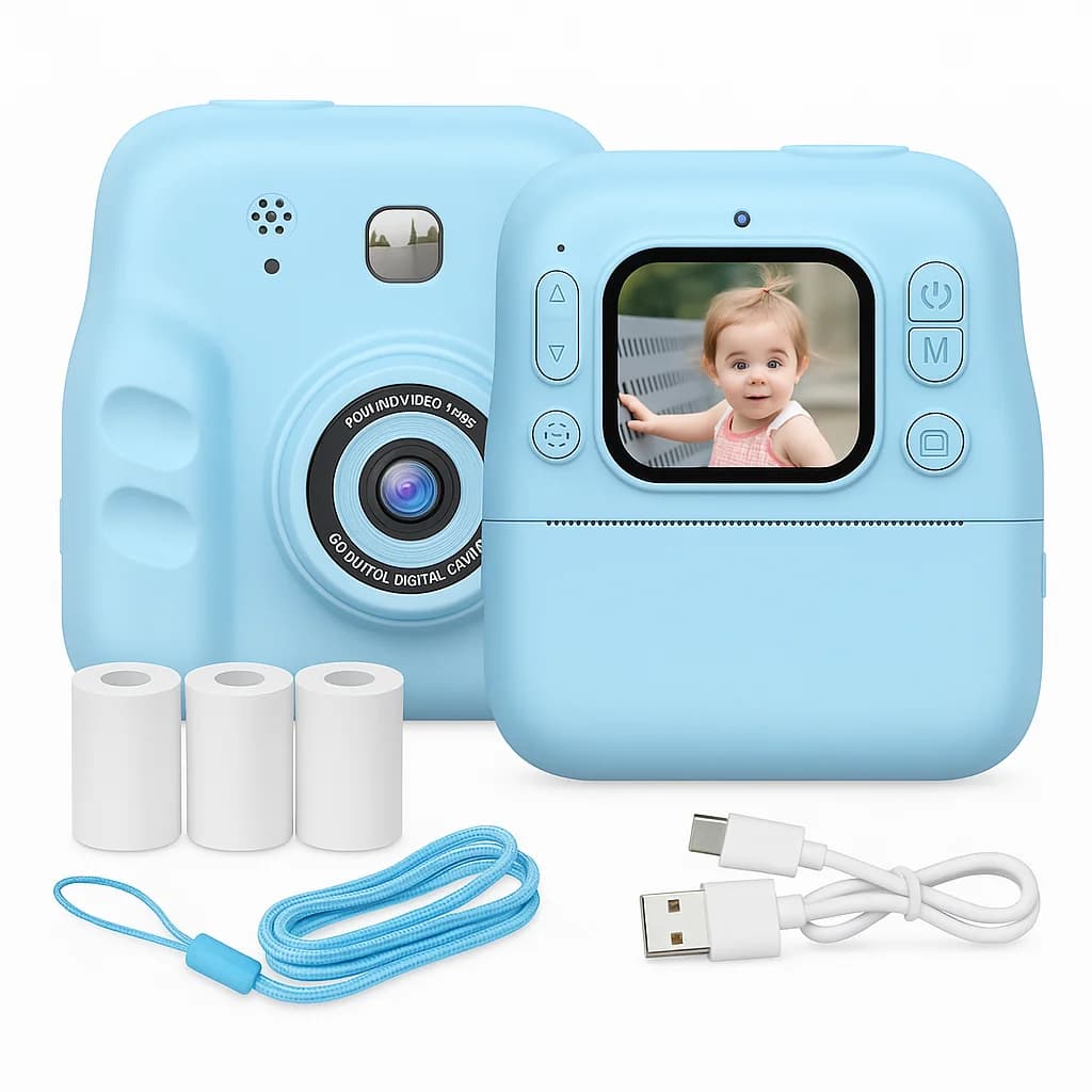 Fotocamera Istantanea per Bambini, Schermo HD da 2,4 Pollici, Doppia Fotocamera, Registrazione Video 1080P, Musica e Giochi Integrati, Stampa Foto Divertente