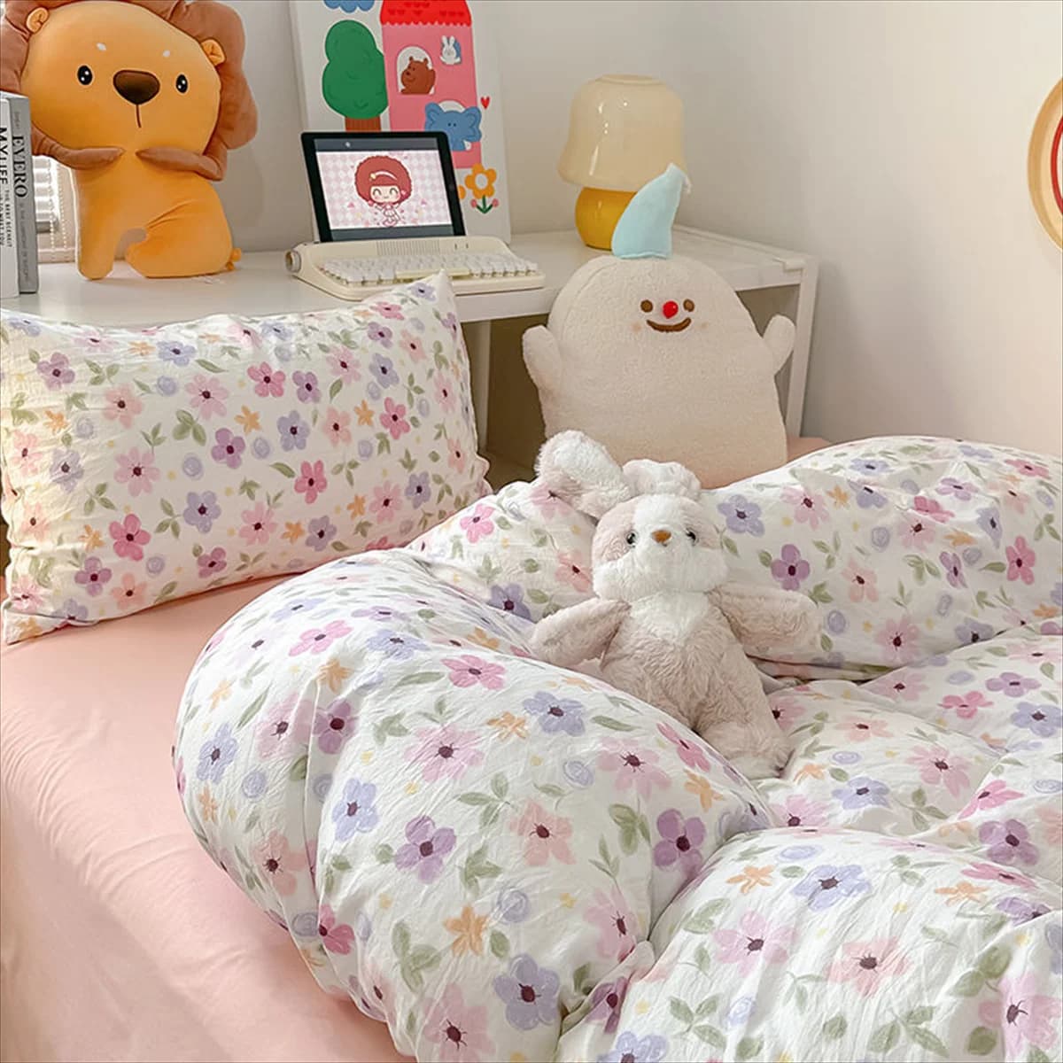 Set biancheria da letto rosa Ins, lenzuolo piatto, federa, doppia, completa, biancheria da letto stile principessa, copripiumino floreale per bambina