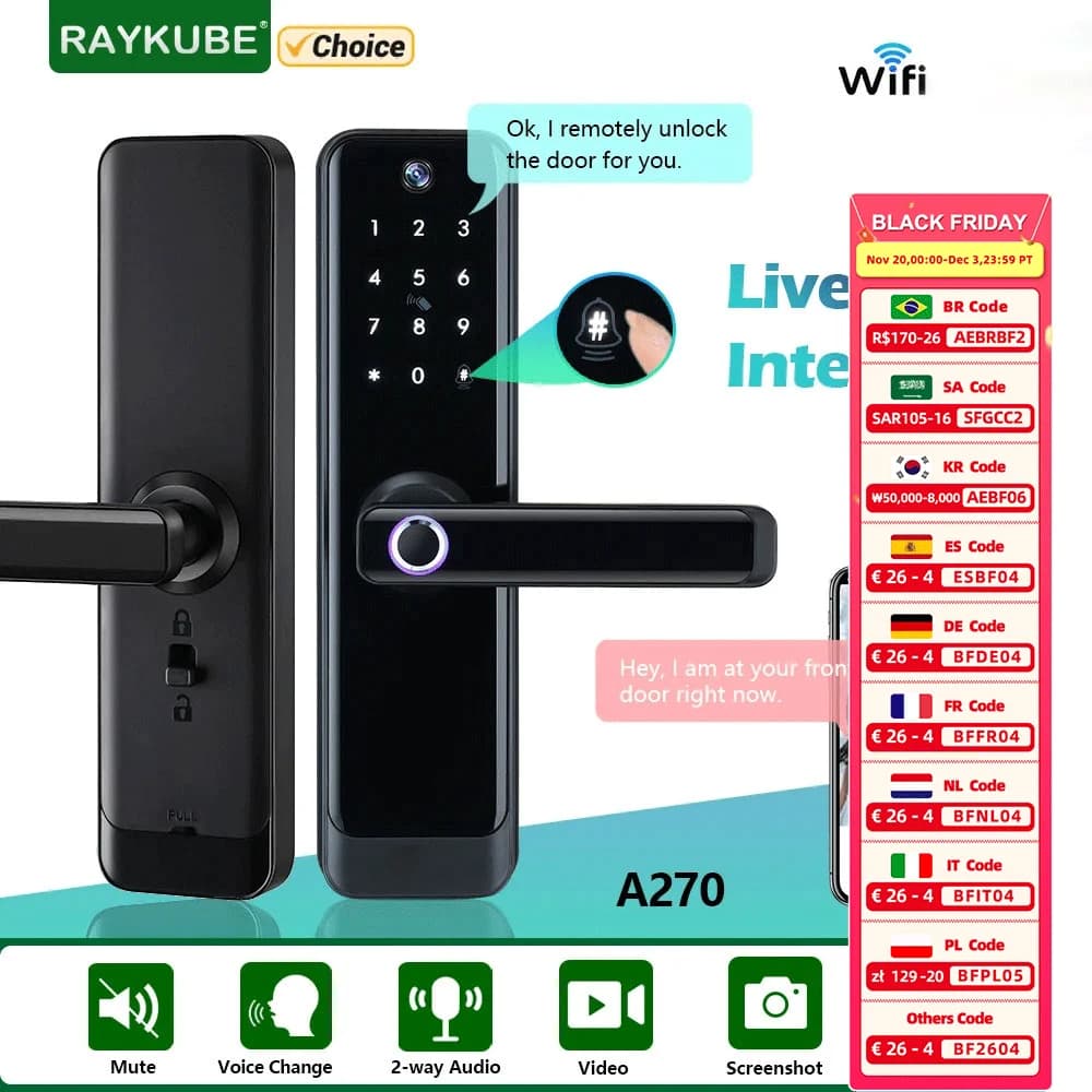 Nuovo RAYKUBE A270 Tuya Wifi Audio bidirezionale videocitofono telecamera per impronte digitali serratura intelligente con APP sblocco remoto registrazione Video