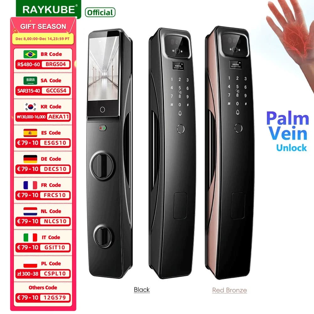RAYKUBE BN1 Tuya WiFi Camera Palm Vein Smart Lock Riconoscimento facciale Blocco impronte digitali con videochiamata 2 * batterie al litio