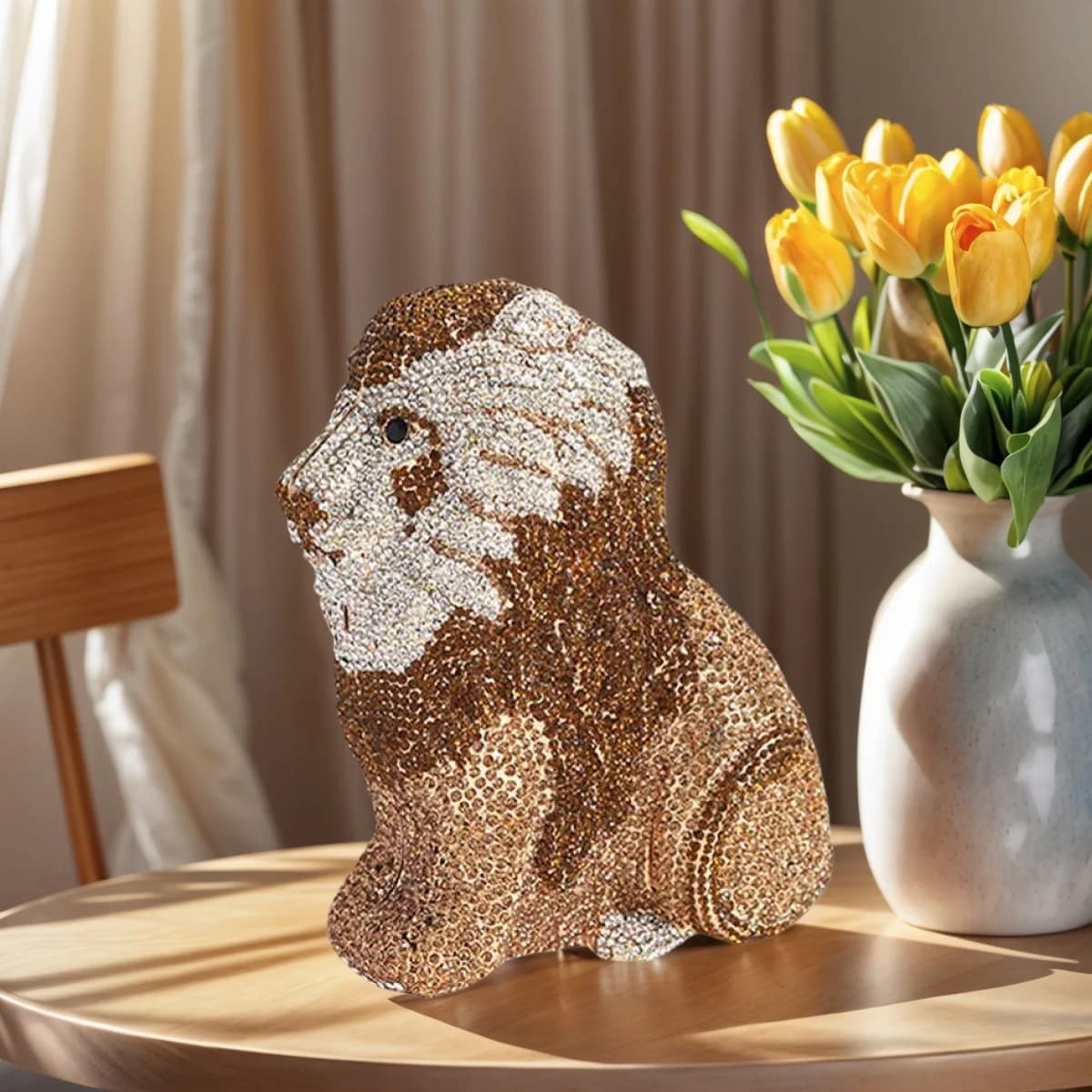 Borsa da sera da donna chic mini leone con pochette in cristallo con strass animali carini, borsa da sposa per la festa di ballo