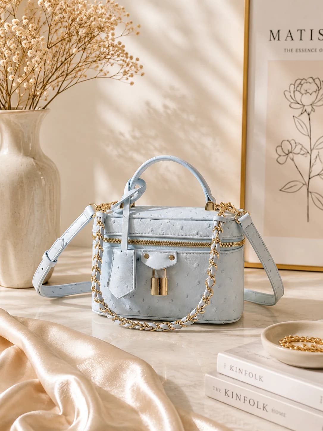 New Luxury Women'S Bag 19X11.5X6.5CM Portable Sky Blue Small Cosmetic Bag Designer Inspired Handbag With Shoulder Strap No Box