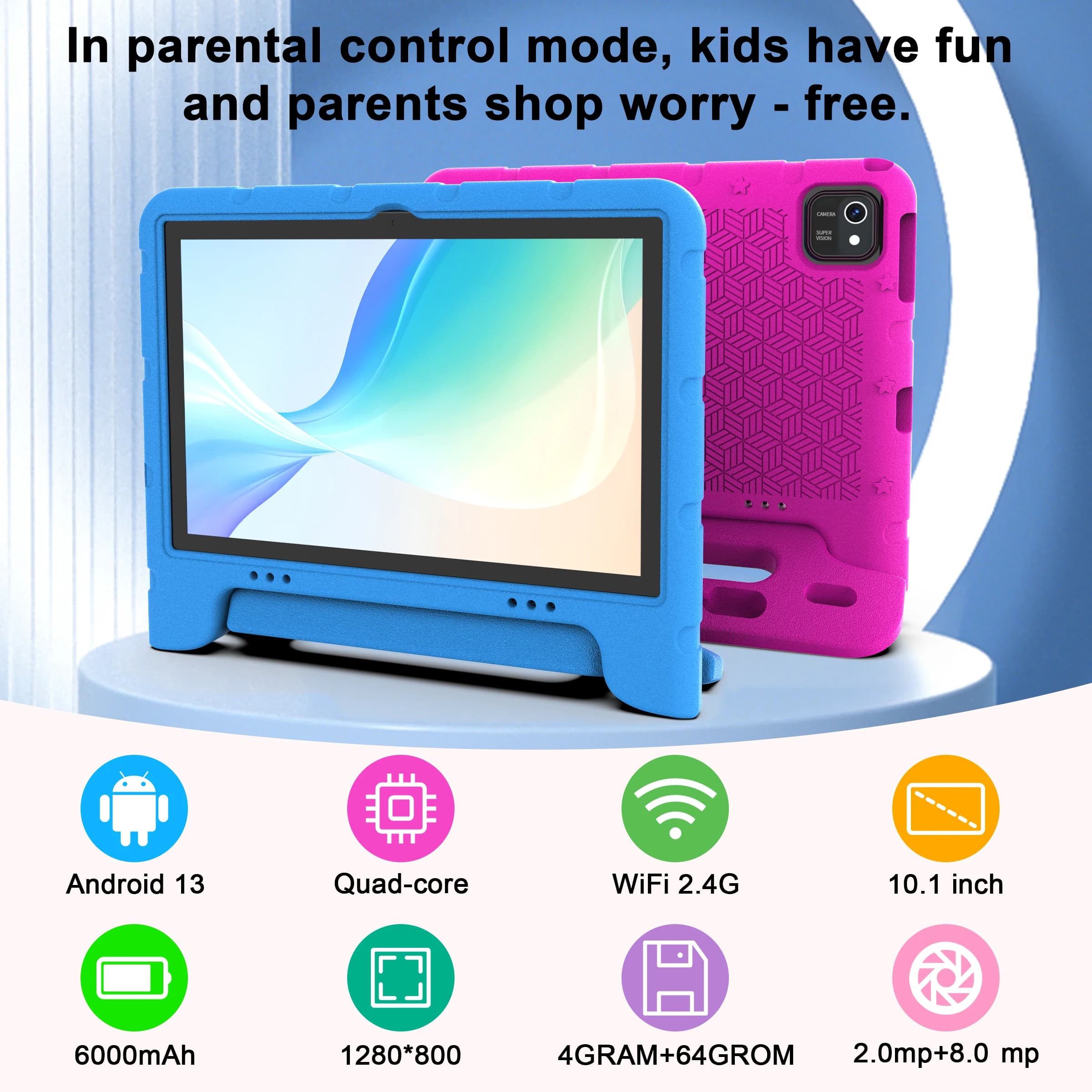 Tablet per bambini da 10 pollici, tablet Android 13, con custodia protettiva antiurto, 2 GB di RAM, 64 GB di ROM, espansione 1T, Wi-Fi