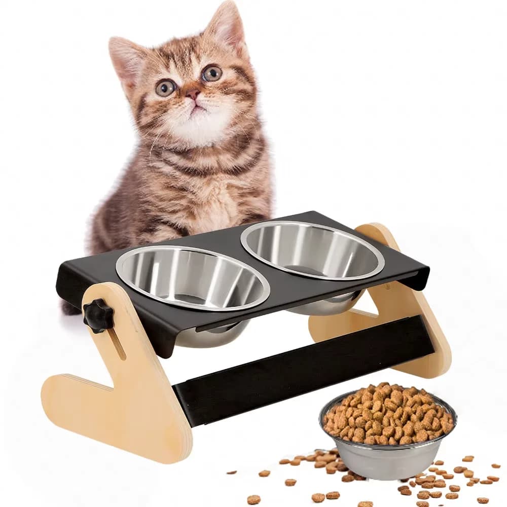 Elevated Cat Double Bowls Adjustable Height Wooden Stand Stainless Steel Food Water Dish Raised Pet Bowl for Cats Puppies