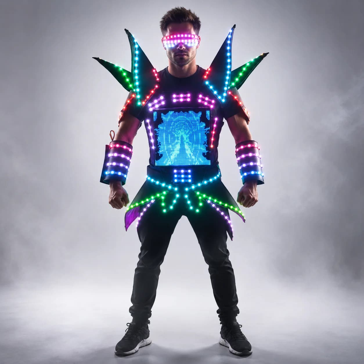 Costumi con display robot a LED Performance per feste Indossa un abito da armatura Specchio con luce colorata Vestire Abiti da spettacolo per club Caschi Discoteca