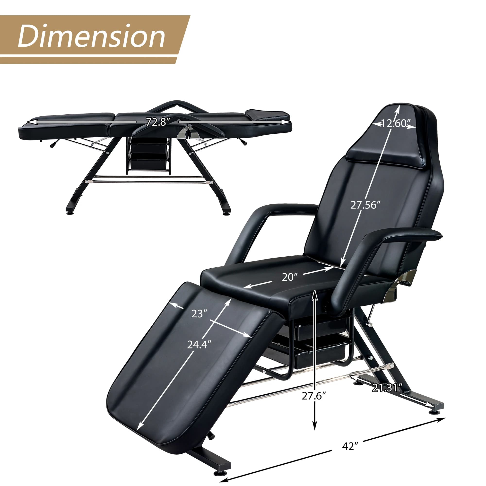 Multipurpose armchair for Tattoos and Massages, Adjustable Facial Beds in 3 Sections with Trays, Black Metal