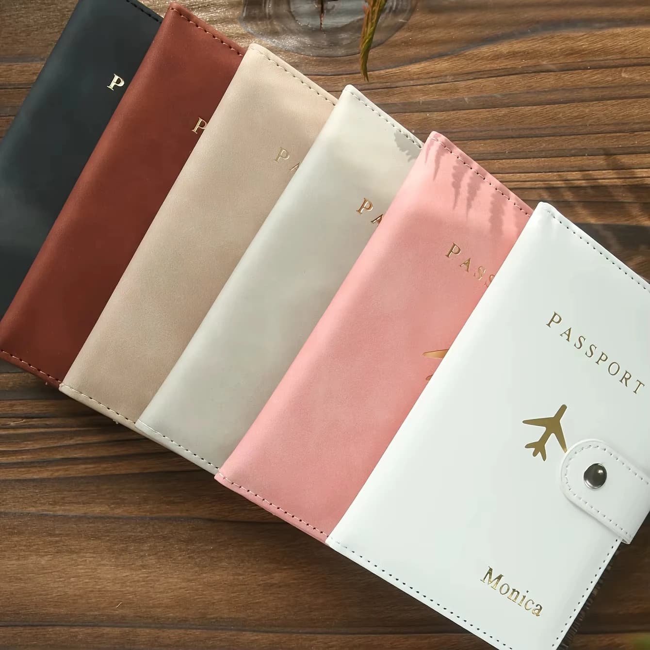 Custom Hot Stamped Gold Monogram Passport Cover & Luggage Tag Set, Textured PU Leather Personalized with Custom Names for Travel
