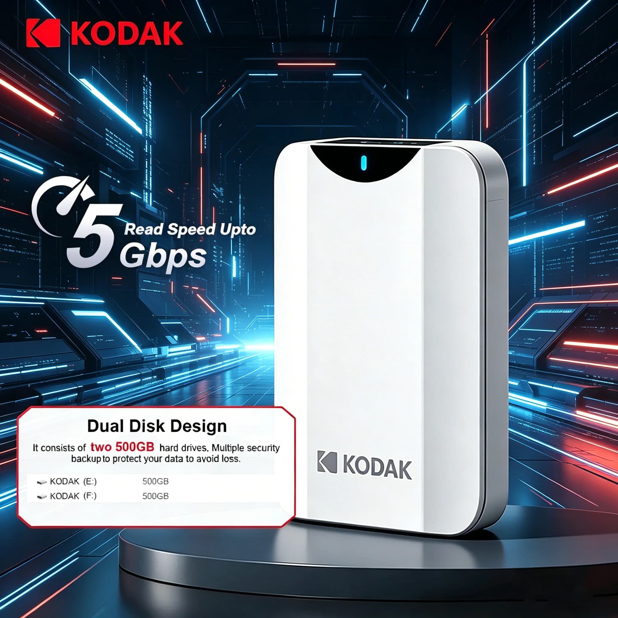 Kodak P232 USB3.0 Dual 500GB Bay Portable External Hard Drive 5Gbps 1T 2.5-inch PHDD for PC PS5 Laptop Desktop
