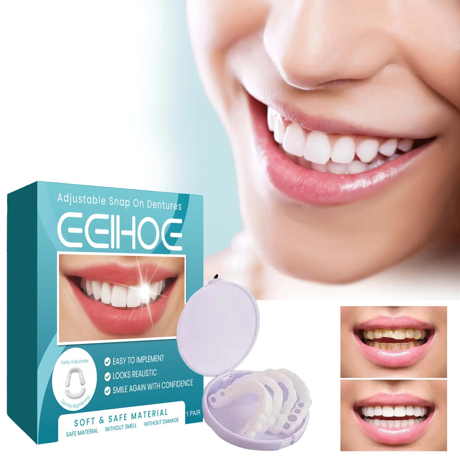 Set of Eelhoe Adjustable Fin teeth, Whitening, Safe, Temporarily, for a Perfect smile, Oral Hygiene care, Dentali Faces