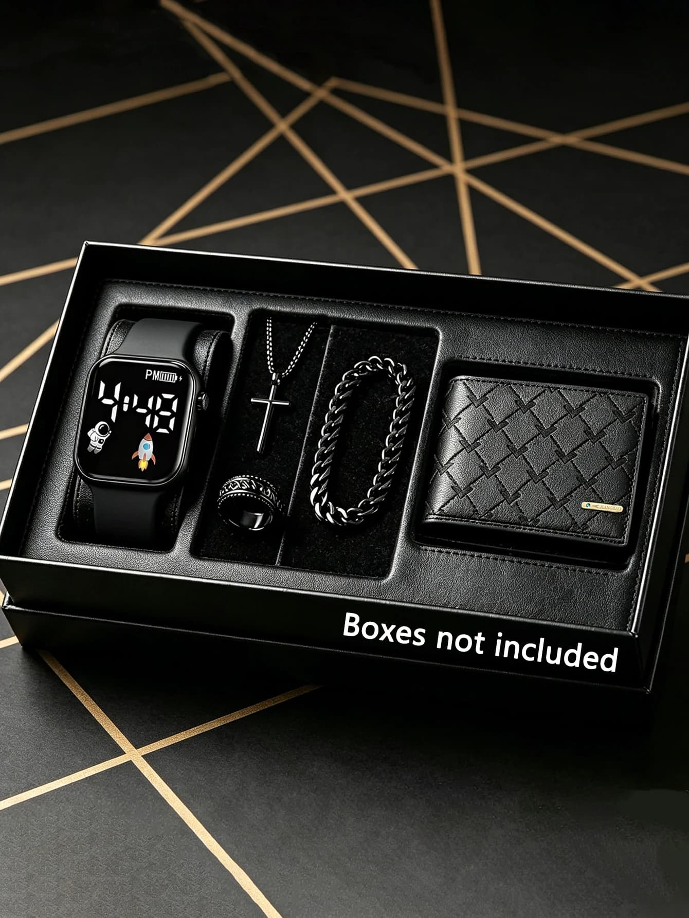 Rectangular Electronic Watch with Bracelet Necklace Stand Wallet Set Astronaut Rocket Glow Pattern Birthday Gift