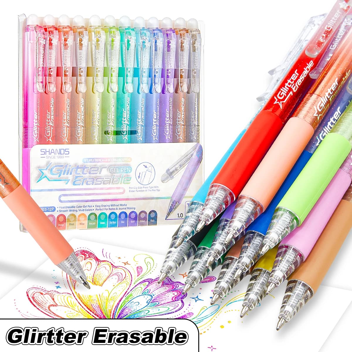 12 Pack Glitter Erasable Gel Pens, 0.7mm Retractable Colored Gel Pens, Smooth Writing for Journaling, Planner, Drawing, Coloring