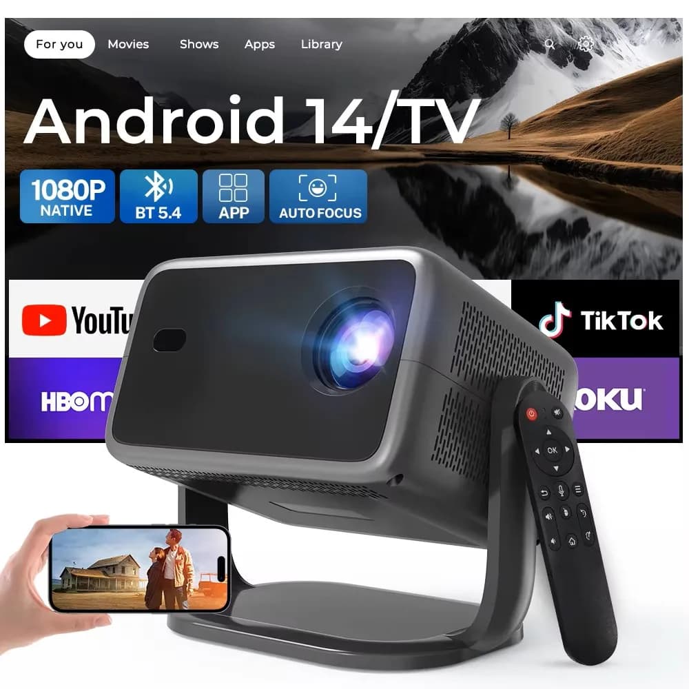 LynCast L018 Home Theater Projector, 8K Decoding, Android 14 WiFi 6 and BT 5.4, Smart Mini Projector for Outdoor Movie & Bedroom