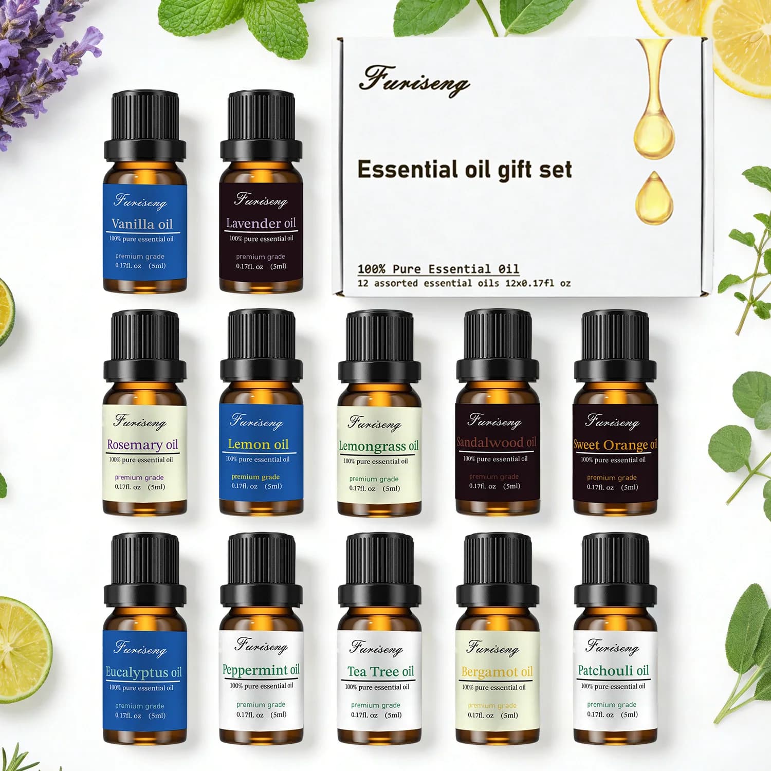 Set di 12 Oli Essenziali: Lavanda, Arancia, Menta Piperita, Vaniglia, Limone, Legno e Altri per Diffusore, Umidificatore, Candele, Produzione di Sapone, Confezione Regalo