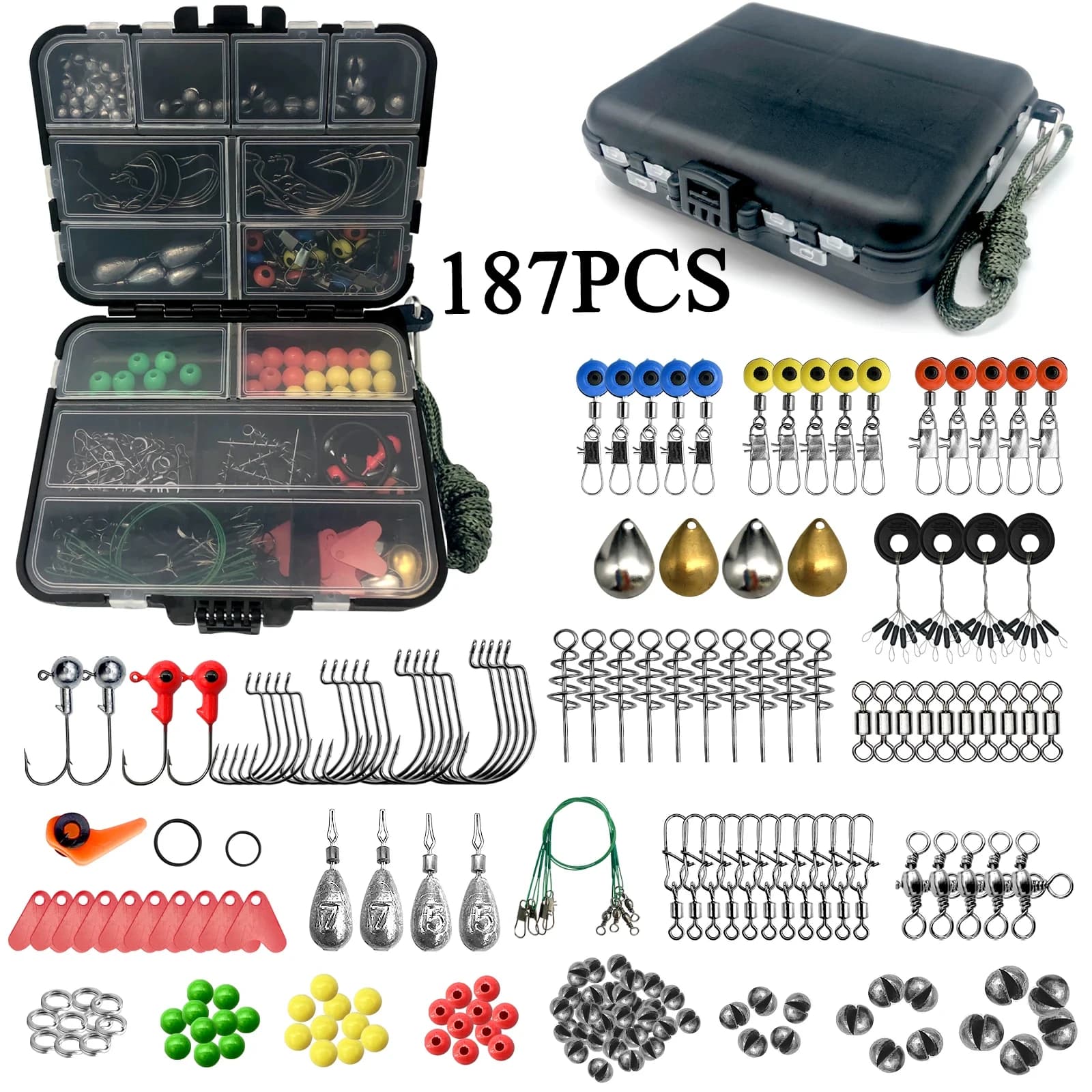 Kit of fishing accessories (187/269 pieces): box for equipment, fishing hooks, parts for baits and pipes included – Ideal for outdoor fishing