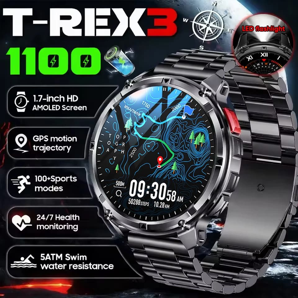 Nuovo Smartwatch T-Rex3 Ultra 2026 da Uomo, 1100mAh, Display AMOLED da 1.7'', GPS, Impermeabile 5ATM, Bussola, Torcia LED, Stile Militare NASA