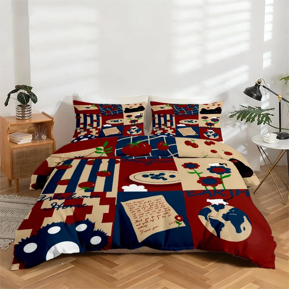 Set di Biancheria da Letto Stampata in Alta Definizione, Set Copripiumino con Motivi di Gatti, Ciliegie, Pomodori, Fiori, ecc. Set copripiumino con stampa floreale grande, include 1 copripiumino + 2 federe, adatto per camera da letto, camera degli ospiti, decorazioni per la casa, set copripiumino + federe in fibra di poliestere, biancheria da letto ultra morbida, tessuto spesso, adatto a tutte le stagioni, lavabile in lavatrice, 3 pezzi