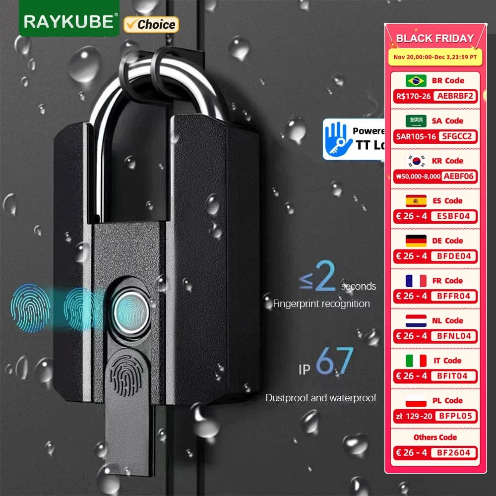 RAYKUBE J916 Serratura TT impermeabile BLE Serratura elettronica Lucchetto digitale per impronte digitali con batteria ricaricabile Sblocco chiave APP