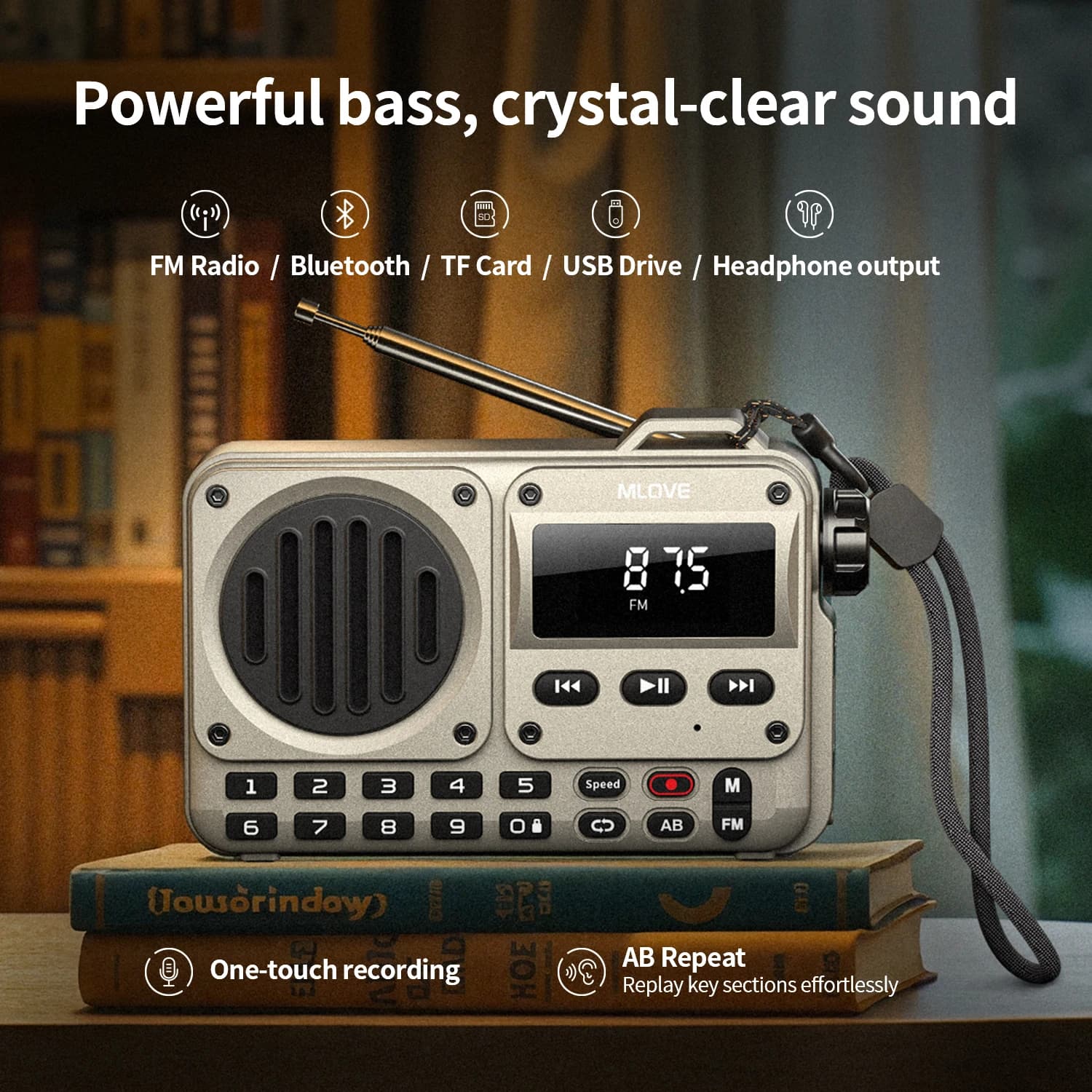 Altoparlante Bluetooth portatile MLOVE BV800P con radio FM e lettore MP3, dotato di USB, scheda TF, ingresso AUX, antenna e funzionalità audio all-in-one.
