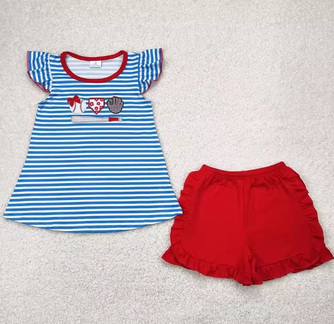 Hot Sale Children's Clothing Girls Blue Stripes Baseball Top Summer Shorts Set Boutique Newborn Baseball Game Dresses