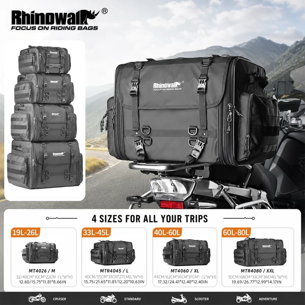 Rhinowalk Waterproof Motorcycle Back Seat Bag 19-80L Expandable Tail Bag Motorbike Saddle Luggage Pannier Bag