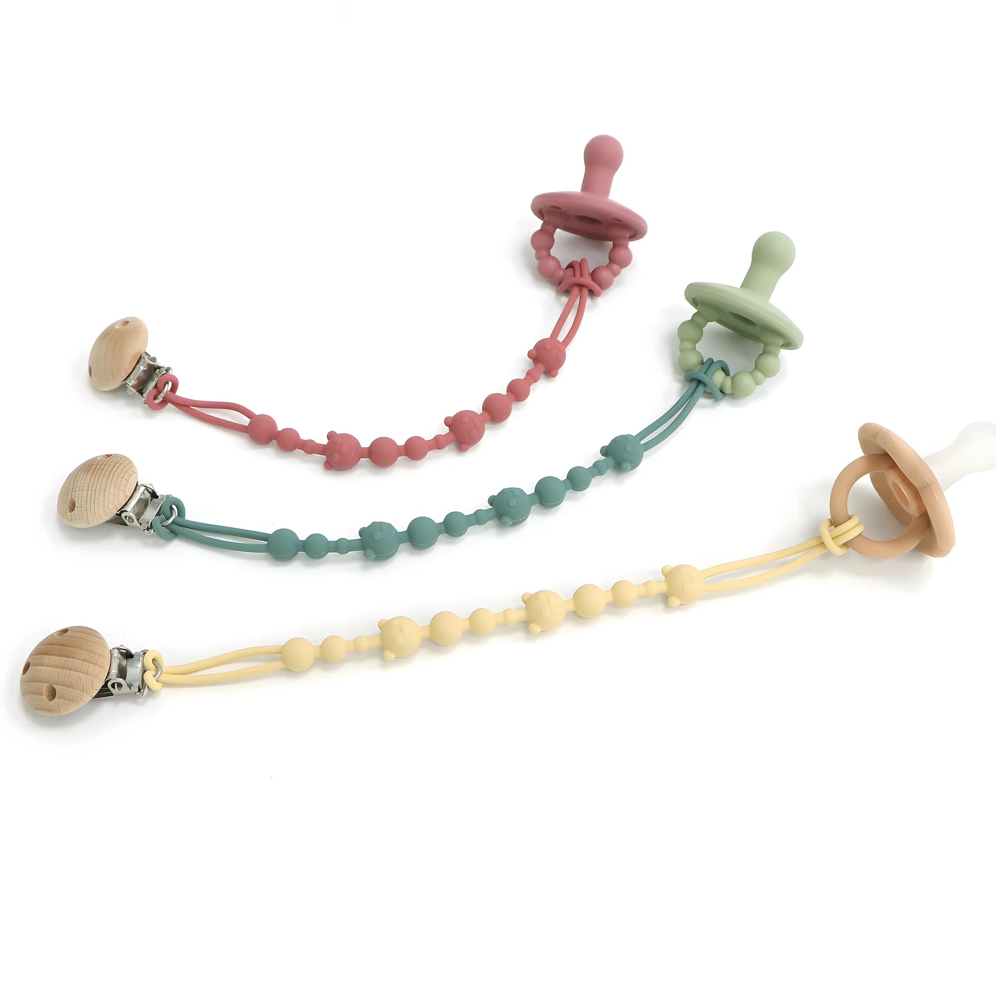 Ciuccio lenitivo Anti-catena Passeggino Massaggiagengive Catena anti-perdita Clip per ciuccio in silicone per bambini Giocattolo Mordere Colla Cordino