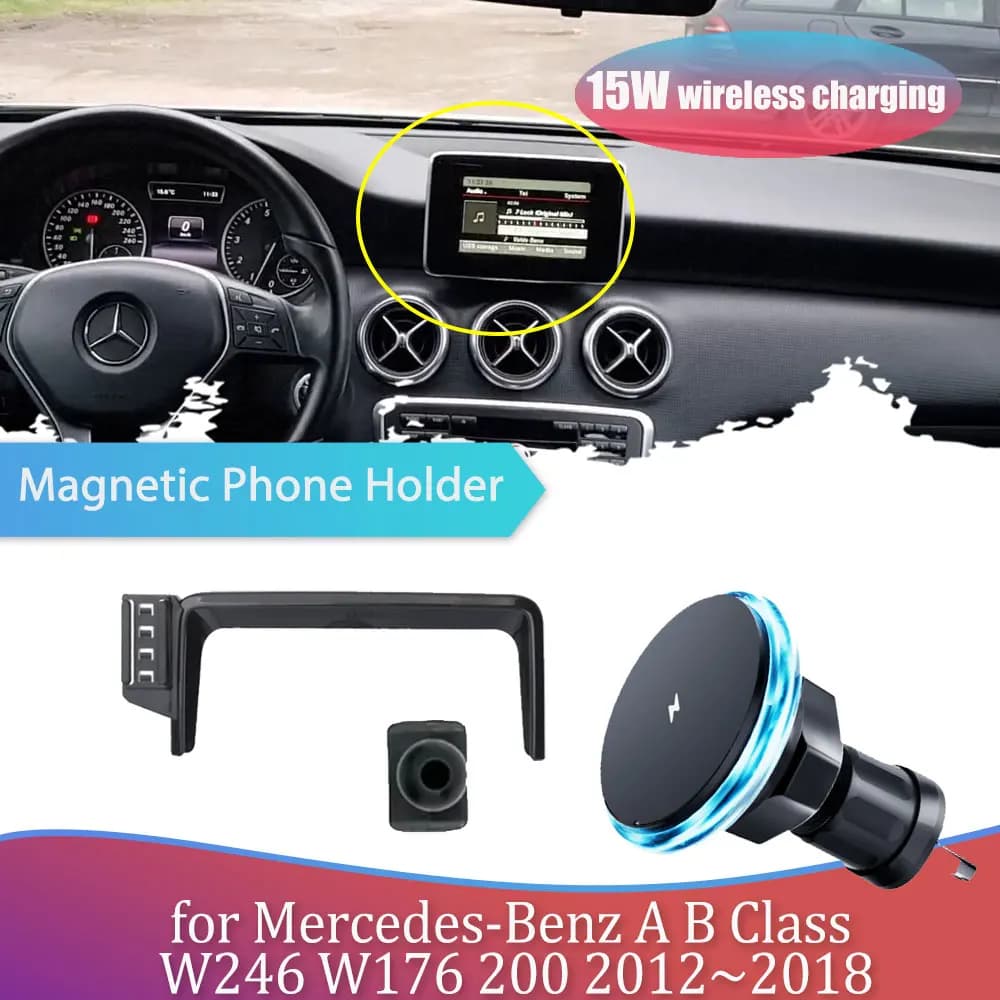 Supporto per telefono da auto da 15 W per Mercedes-Benz Classe AB W246 W176 2012 ~ 2018 Supporto GPS magnetico Accessori di ricarica wireless iPhone