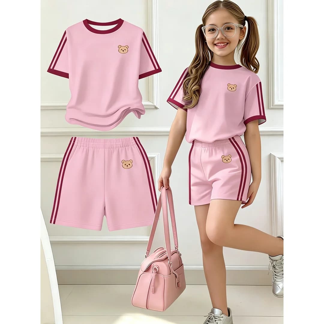 Kids Summer 2‑Piece Outfit Bow Embroidery Striped Short Sleeve Tee and Elastic Waist Shorts Girls Sport Casual Daily Wear