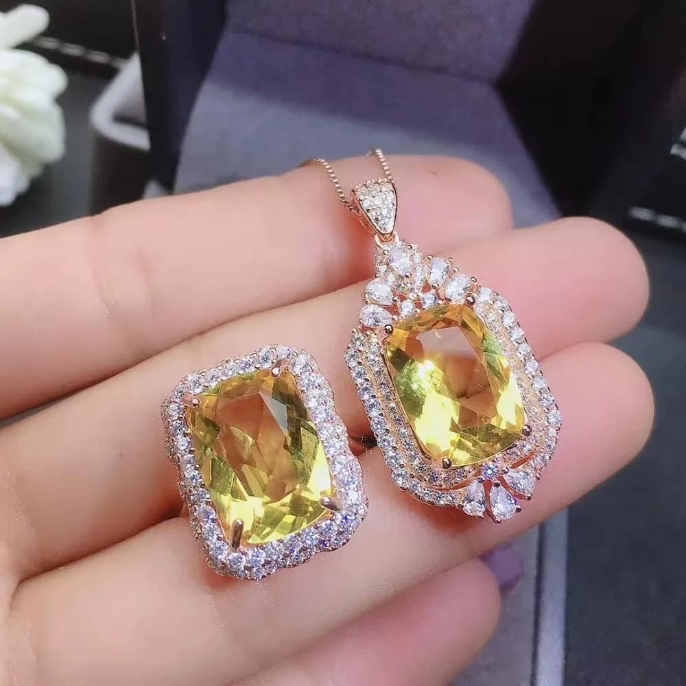 KJJEAXCMY Gioielli per ragazze Collana con ciondolo in pietra preziosa di cristallo giallo naturale Set di anelli in argento puro 925 regalo in oro rosa elettrolitico