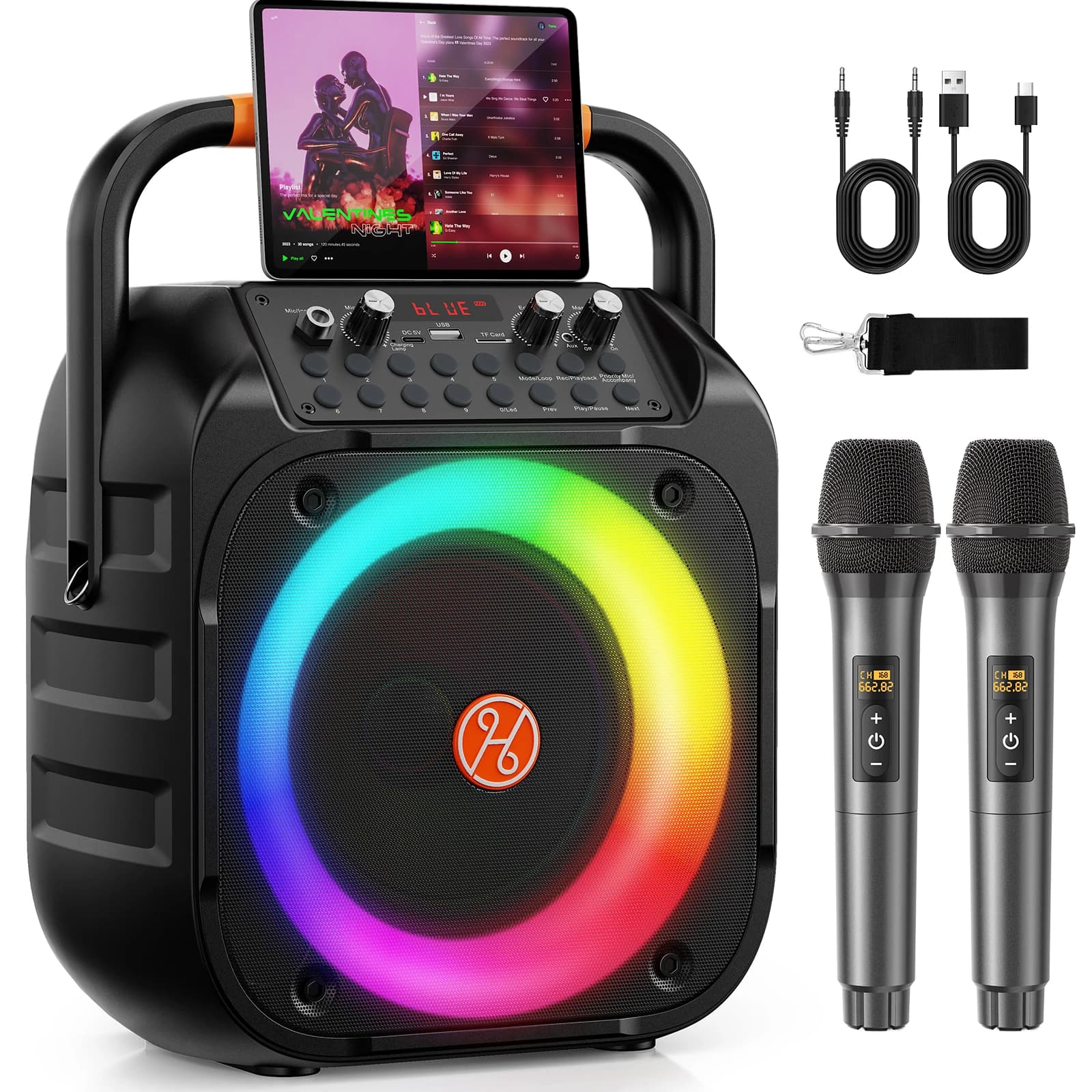 Macchina per Karaoke T26 per Adulti, Karaoke Portatile Bluetooth con 2 Microfoni Wireless, Regolazione dell'Eco, Luci LED