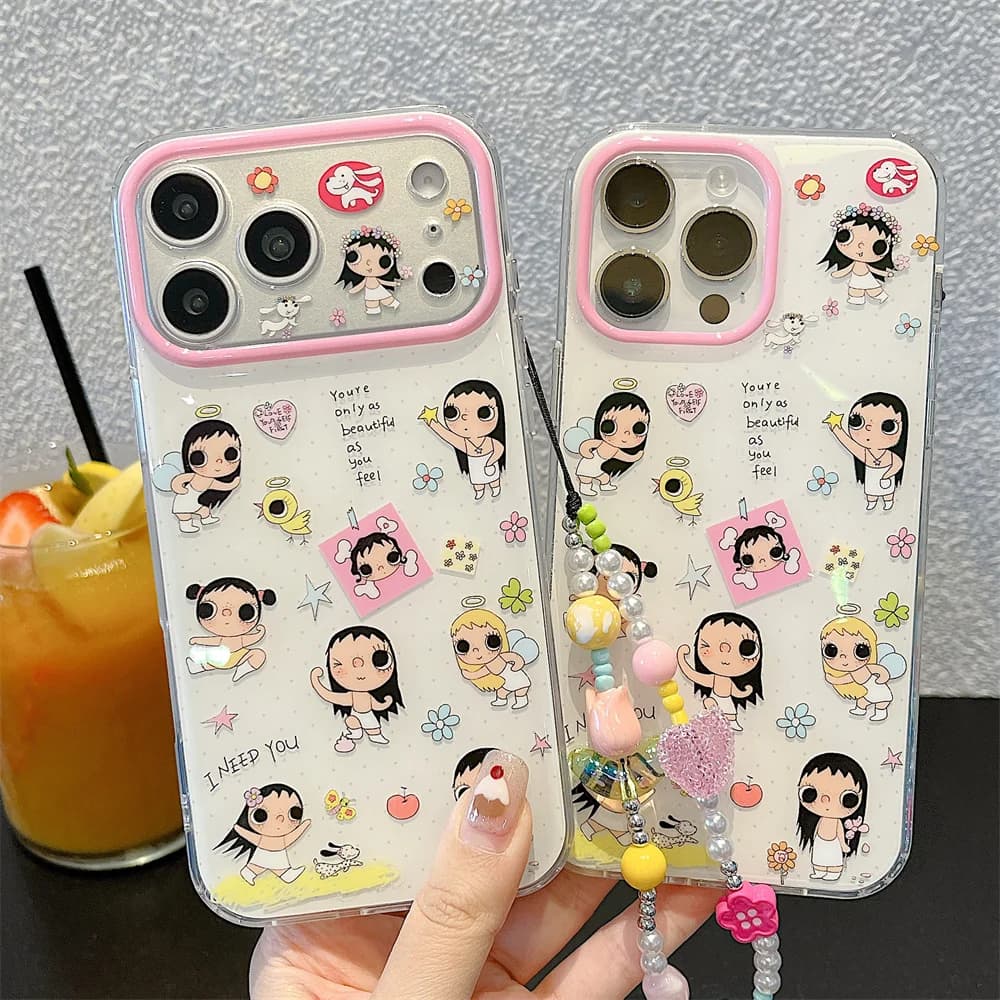 Korean Cute Flower Girl Cartoon Phone Case for iPhone 17 Pro 16 15 14 13 16 Pro Max Cover with Chain Kawaii Shockproof Fundas