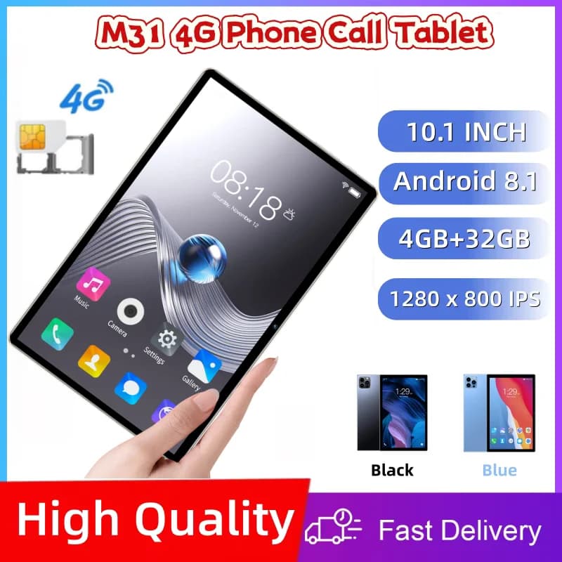 M31 4G Phone Call 10.1" Android 8.1 MT6750 Quad-Core 4GB RAM 32GB ROM 1280 x 800 IPS Dual Camera Type-C 2*Sim Cards
