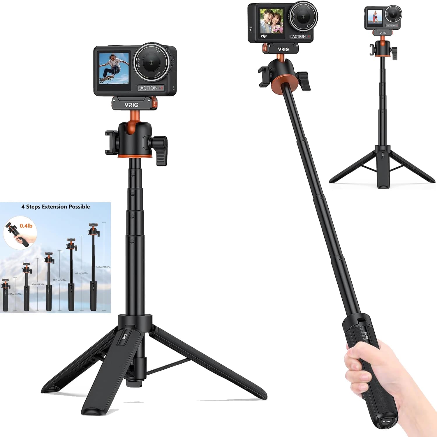 VRIG Mini Selfie Stick Treppiede per DJI Action 5/4/3 Treppiede per fotocamera magnetica Asta di prolunga per DJI OSMO 360 w Scarpa fredda