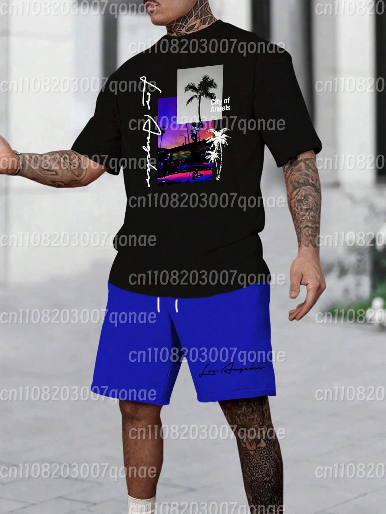 Summer Men Sportswear Striped Letter Short-Sleeve T-Shirt Set Two-Piece Outdoor Travel Apparel Relaxed-Fit Shorts Training Wear
