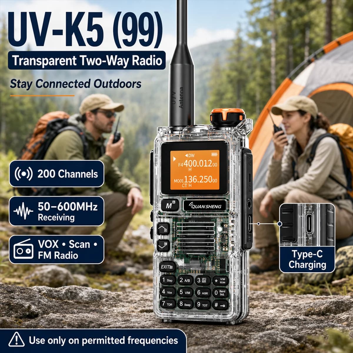 Quansheng UV-K5(99) 5W Air Band Walkie Talkie Type-C Rechargeable UHF VHF DTMF FM Scrambler NOAA Two Way CB Radio