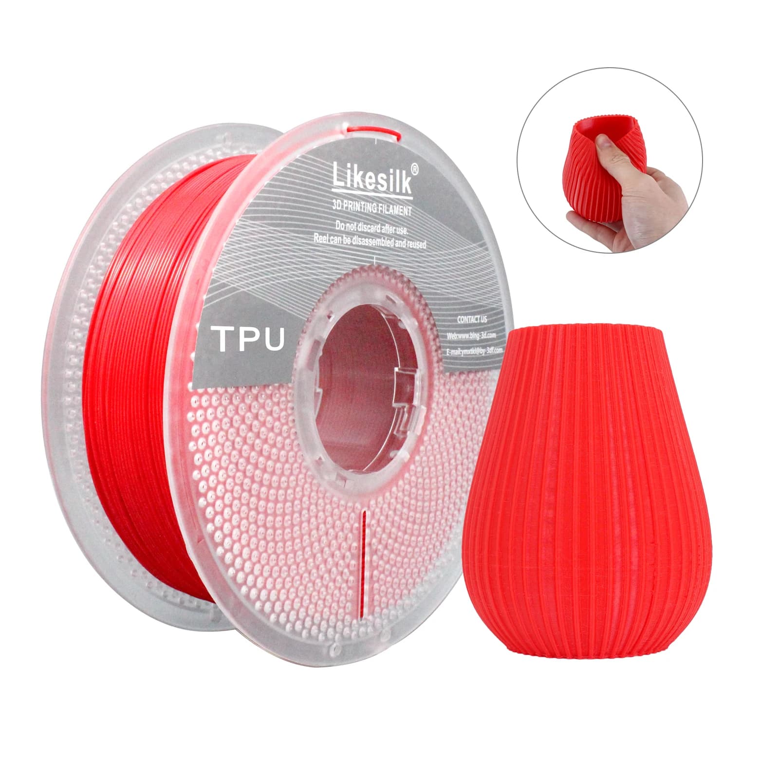Filament TPU Likesilk 95A, soft and flexible 3D printer filament 1,75 mm, dimensional accuracy +/- 0.03, 1 kg coil (2.2 pounds), (TPU-Rosso