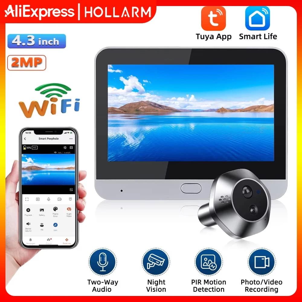 Hollarm 4.3 pollici Radar Intelligente Telecamera Digitale per Porta Tuya WiFi Audio Campanello Spioncino Senza Fili Visualizzatore PIR Visione Notturna Rilevamento del Movimento