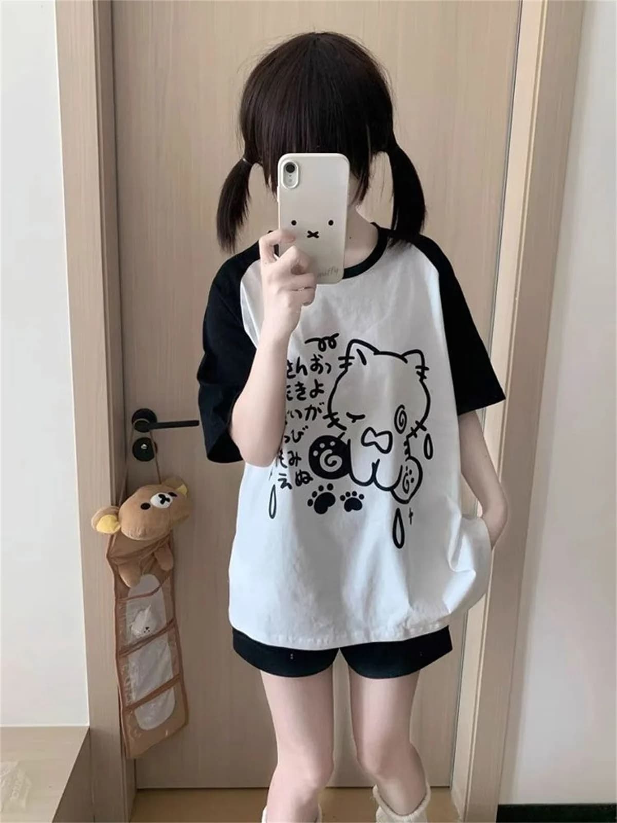 Japanese Summer Cartoon Printing T-shirts Y2k Aesthetic Casual Loose Kawaii Tops Women Contrast Color Patchwork Harajuku Tees
