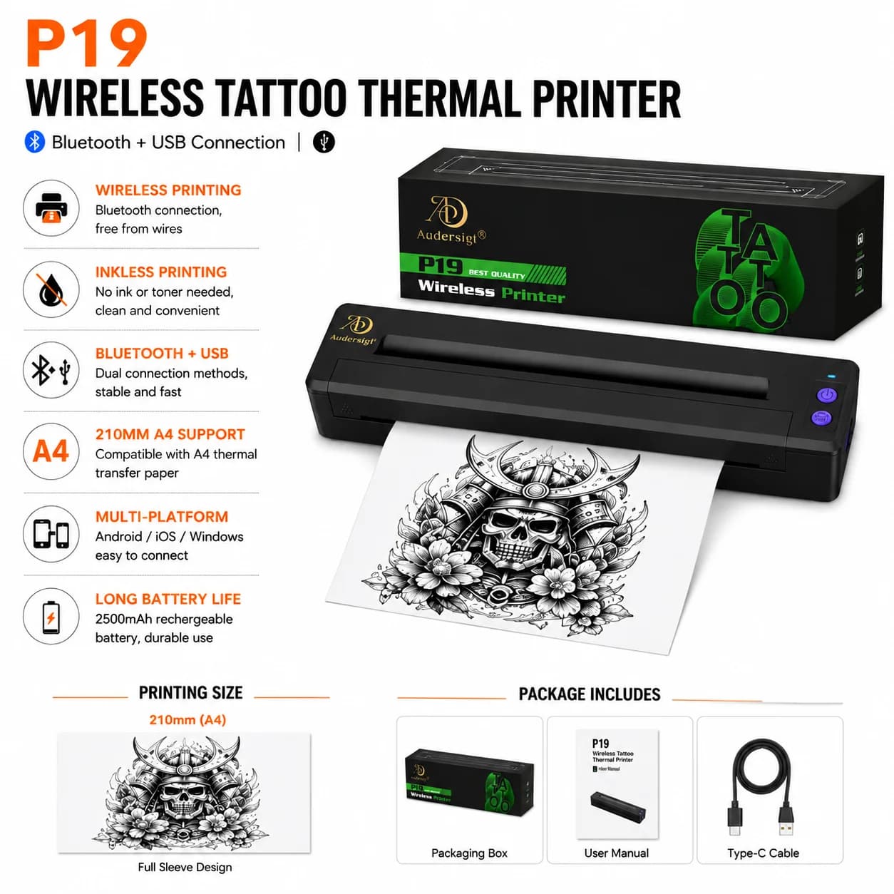Audersigt P19 Wireless Tattoo Stencil Printer Thermal Copier Machine Compatible with Smartphone & PC for Tattoo Design Transfer