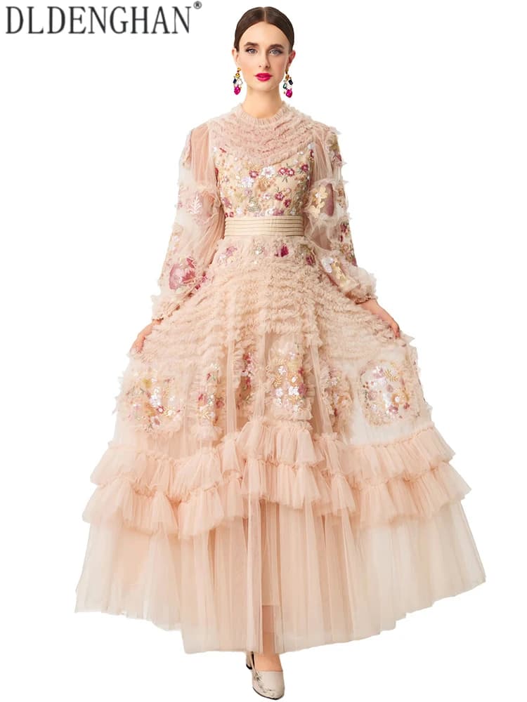 DLDENGHAN Abiti lunghi vintage da donna con ampia gonna a rete, scollo a O, maniche a campana, ricami e paillettes, modello nuovo primavera estate