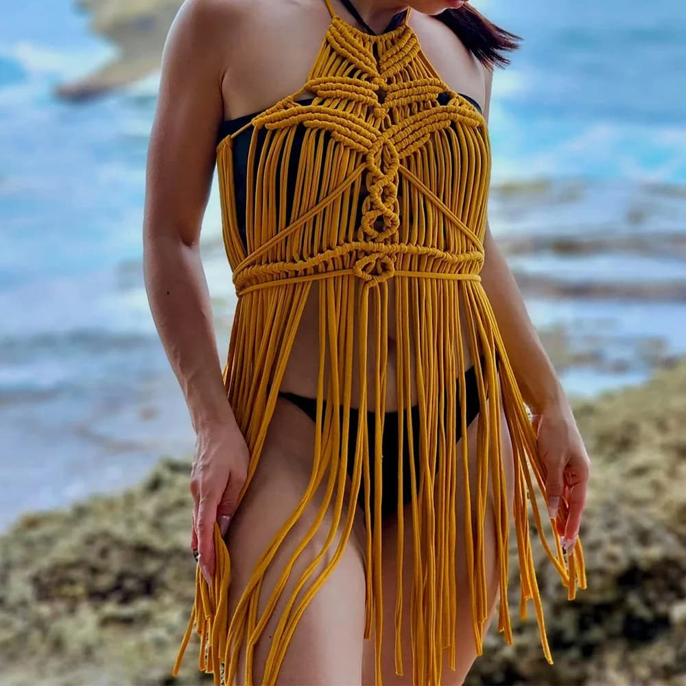 Festival Vacation Boho Beach Wrap Swimsuit Cover Up Crochet Halter Fringe Dress Handmade Cord Woven Mustard Long Macrame Dress