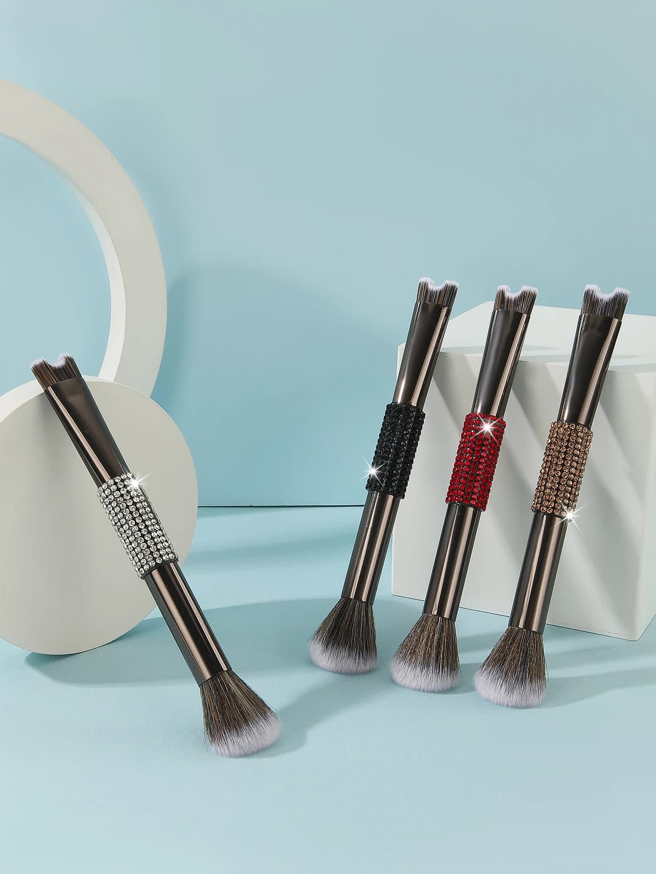 1 double face makeup brush with sparkling rhinestones, multifunction brush for eyebrows and face, portable cosmetic travel tool