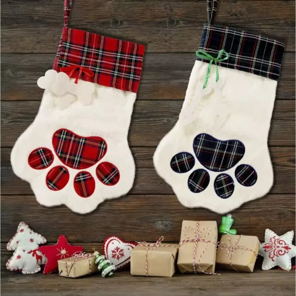 Calzini natalizi Decorazioni di Capodanno Calze per animali domestici scozzesi di bufalo per gatti e cani Modello di zampa Ciondolo appeso Regali per bambole giocattolo