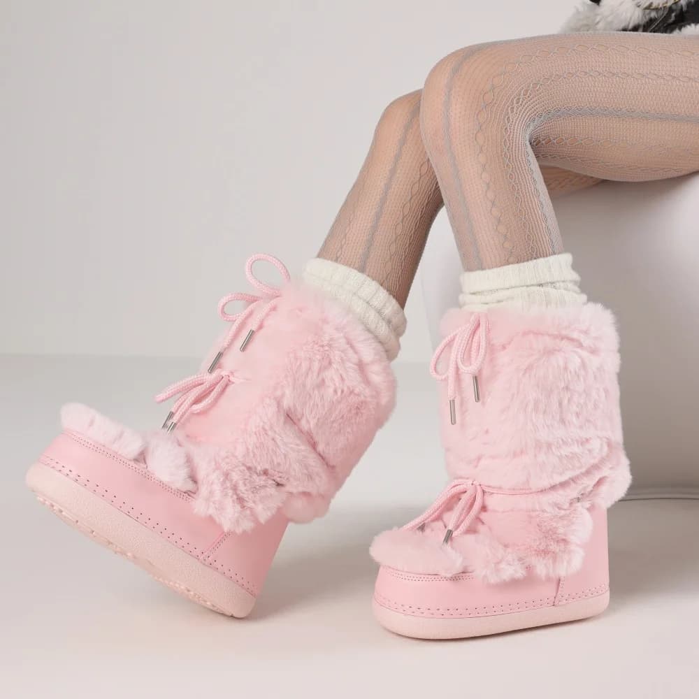 Furry Boots For Women Round Toe Flat Slip-on Winter Snow Warm Boots Women Faux Fur Fluffy Warm Boot Fashion Comfortable Outdoor Mid-Calf Boots Winter Party Flat Shoes