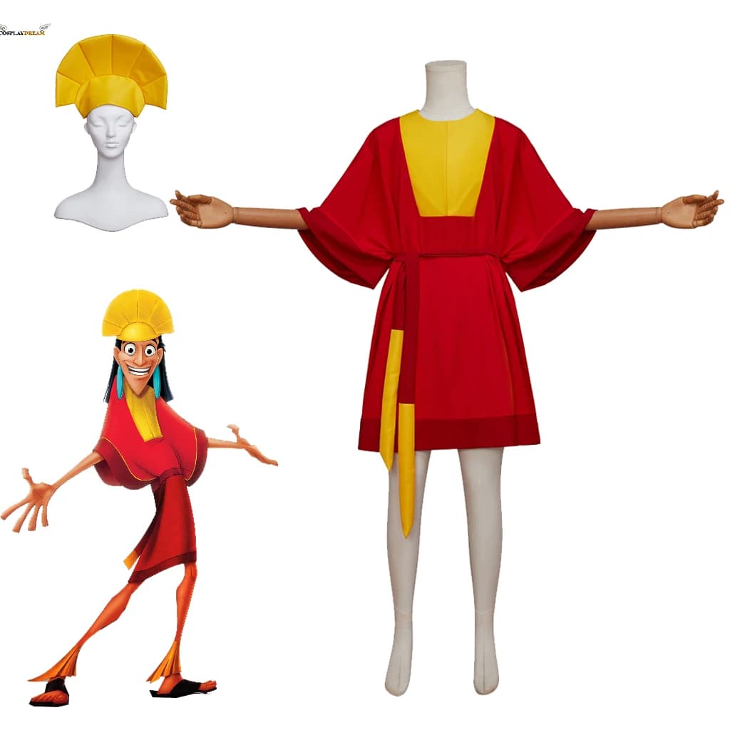 (in stock) Egypt Emperor Cosplay Kuzco Costume Kuzco Red Dress with Hat Strap Halloween Carnival King Costumes Cosplay for Men