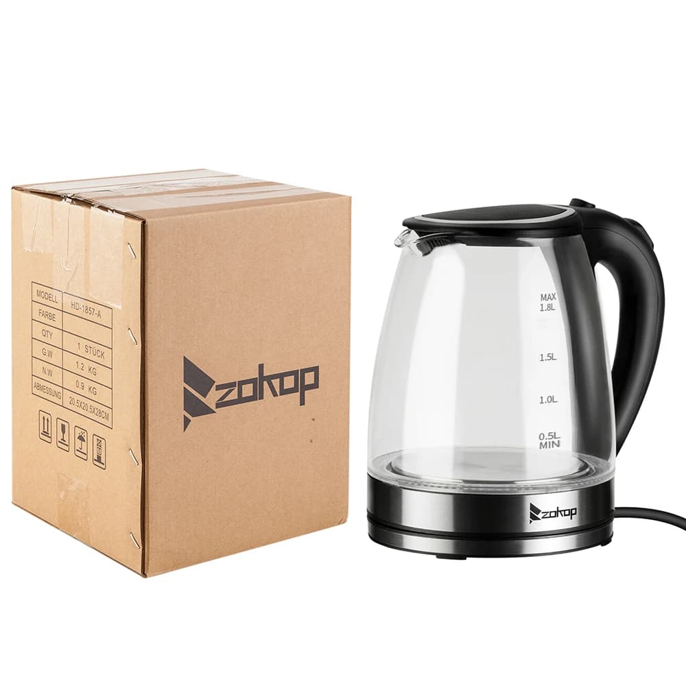 Bollitore Elettrico in Vetro da 1.8L, 1200W, LED Blu, Spegnimento Automatico, Senza BPA, in Vetro Borosilicato con Spina USA