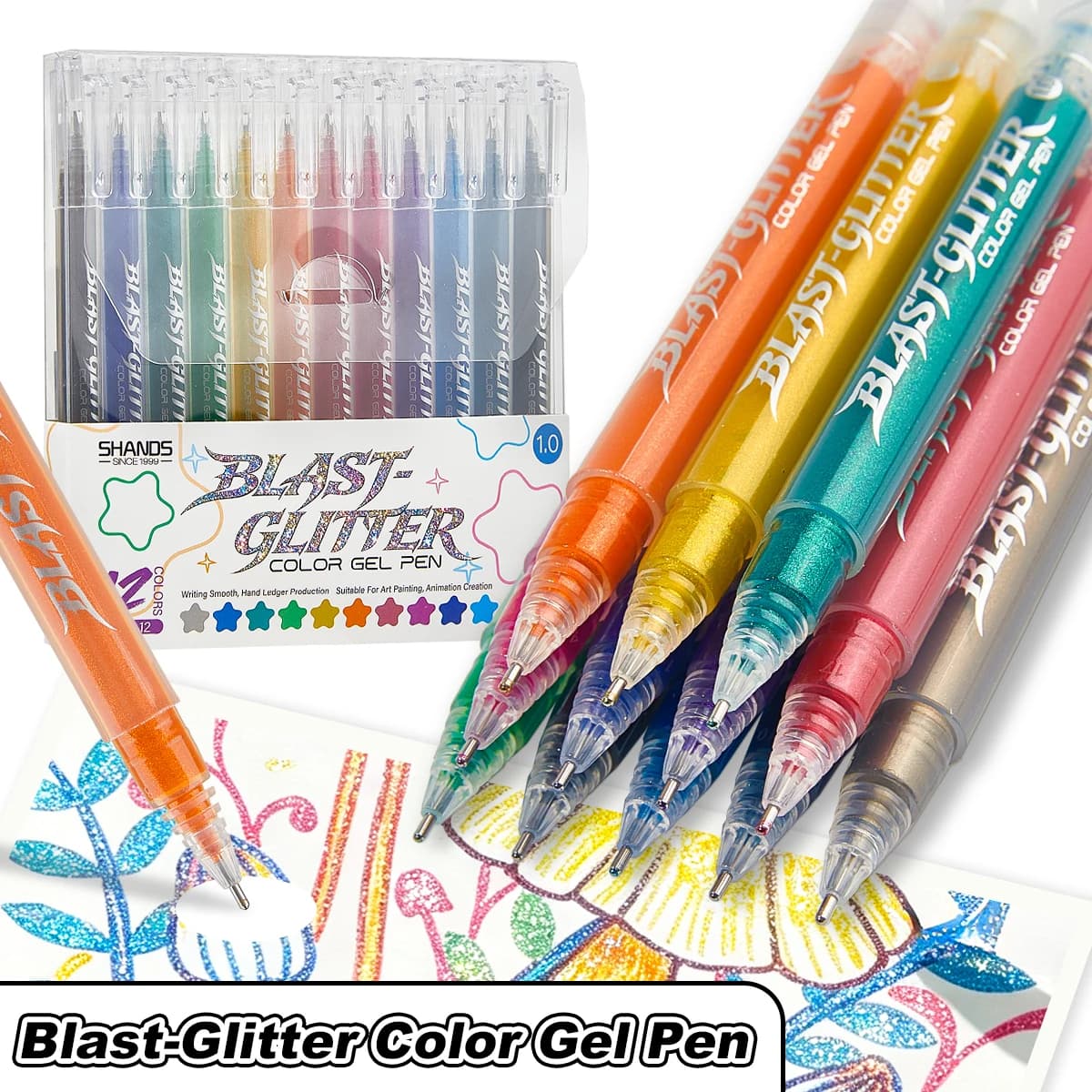 12 Colors Blast Glitter Gel Pens Set 1.0mm Extra Sparkle Smooth Writing Shimmer Pens for Journaling Coloring Scrapbook DIY Art S